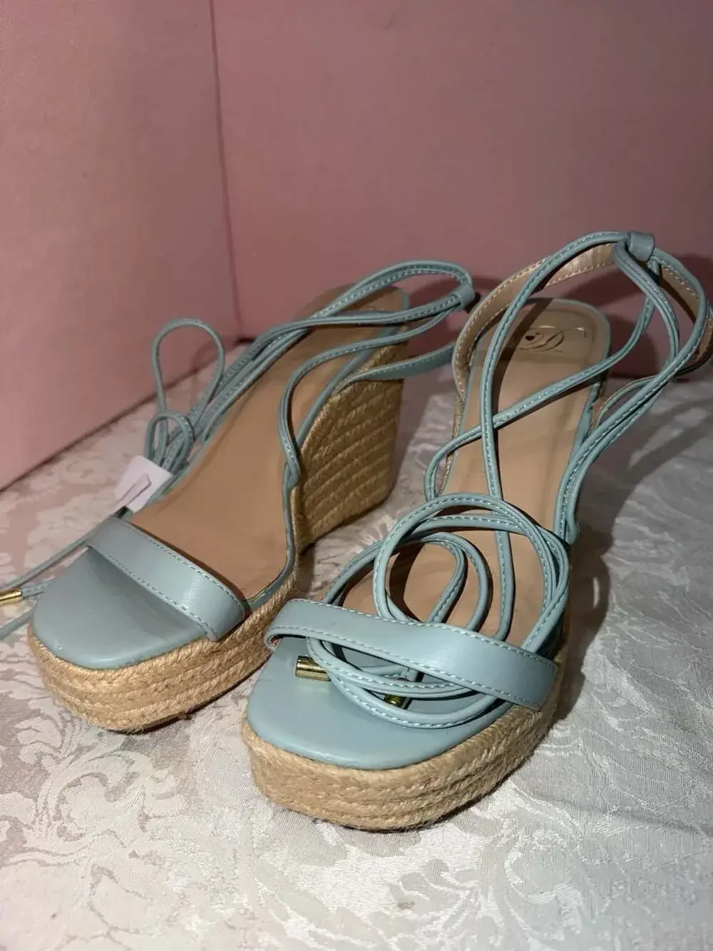 Light Blue Lace-Up Espadrille Platform Wedge Sandals